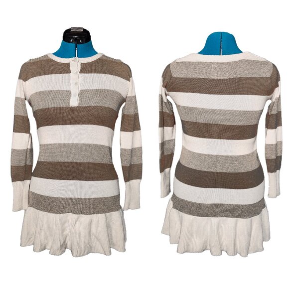 Striped Knit Ruffle Hem Sweater Dress - Brown & Cream - Girls 14 - Picture 1 of 6